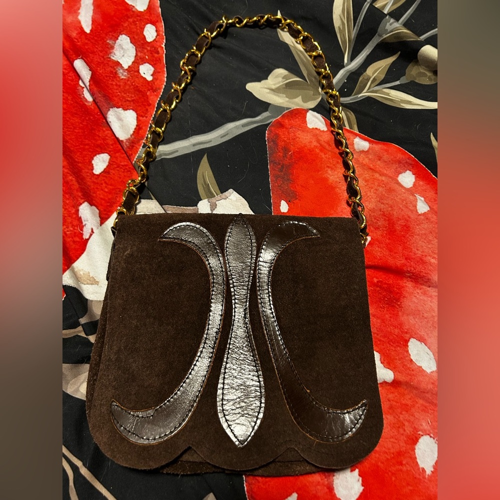 Vintage 1960s Brown Suede Shoulder Bag with Chain Strap.